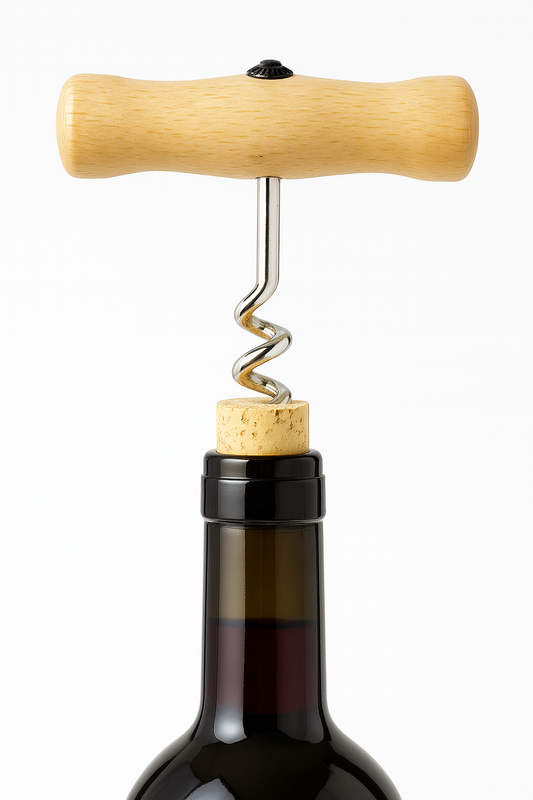Korkociąg z drewnianą rączką wkręcony do połowy w korek butelki czerwonego wina, ustawionej pionowo na białym tle. Produkt sfotografowany w stylu ecommerce, z wyraźnymi detalami drewna, metalu i szkła. Chłopcy z Rancza.