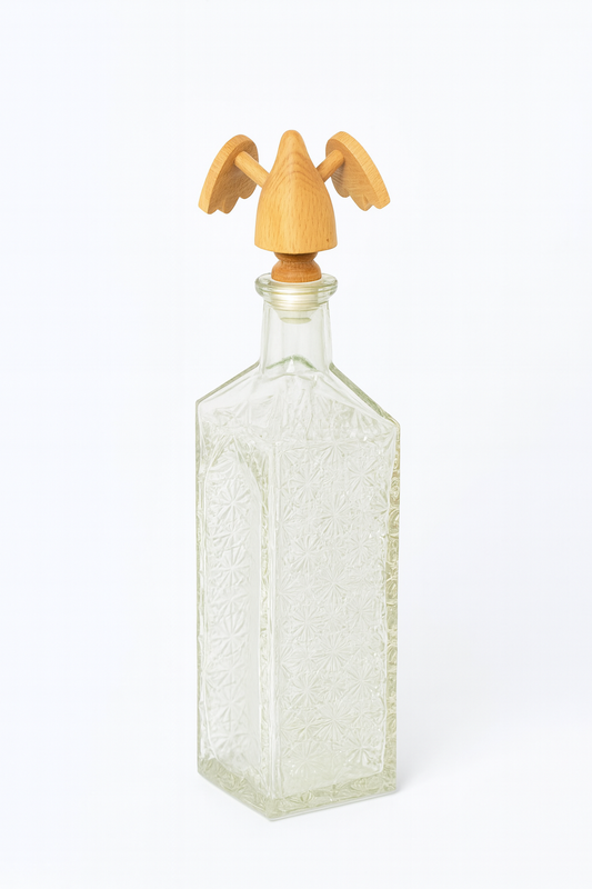 Szklana butelka z dekoracyjnym, grawerowanym wzorem w geometryczne kwiaty, zamknięta drewnianym korkiem w kształcie anioła z rozłożonymi skrzydłami. Produkt przedstawiony na białym tle – zdjęcie produktowe Chłopcy z Rancza.