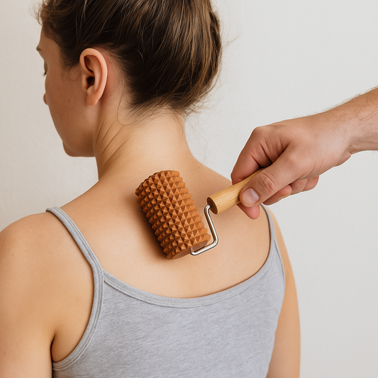 Drewniany masażer obrotowy używany podczas masażu pleców kobiety — widoczna ręka masująca przesuwa masażer po górnej części pleców kobiety w szarej koszulce, naturalne oświetlenie, realistyczne zdjęcie e-commerce — Chłopcy z Rancza.