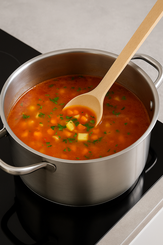 Drewniana łyżka Warszawska 40 cm miesza domową zupę w stalowym garnku – naturalne drewno bukowe, solidna i trwała pomoc w kuchni. Chłopcy z Rancza.