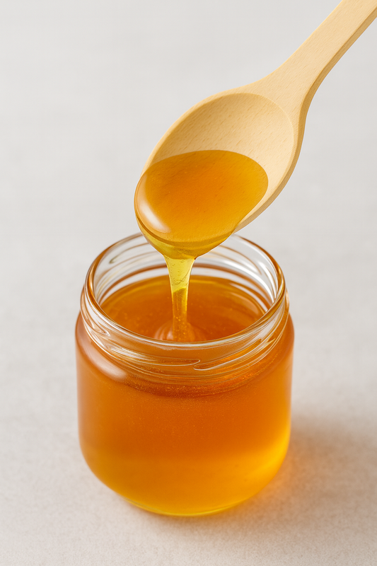 Drewniana łyżka Warszawska 20 cm nabiera złocisty miód ze słoika – naturalne drewno bukowe, idealne do kuchni i serwowania. Chłopcy z Rancza.