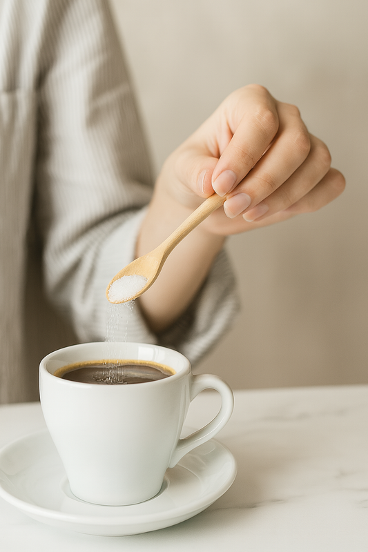 Kobieta słodzi kawę w białej filiżance, używając małej drewnianej łyżeczki bukowej o długości 16 cm, z której delikatnie zsypuje się cukier – Drewniana Łyżka Kuchenna do Cukru i Musztardy – Chłopcy z Rancza.