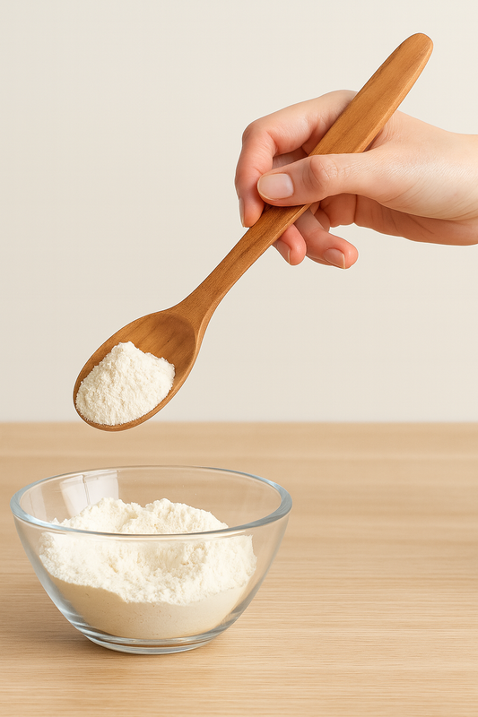 Kobieca dłoń trzyma dużą drewnianą łyżkę kuchenną z ekologicznego drewna czereśniowego, na której znajduje się kopka mąki. Pod spodem stoi szklana miska wypełniona mąką na drewnianym blacie – produkt Chłopcy z Rancza.