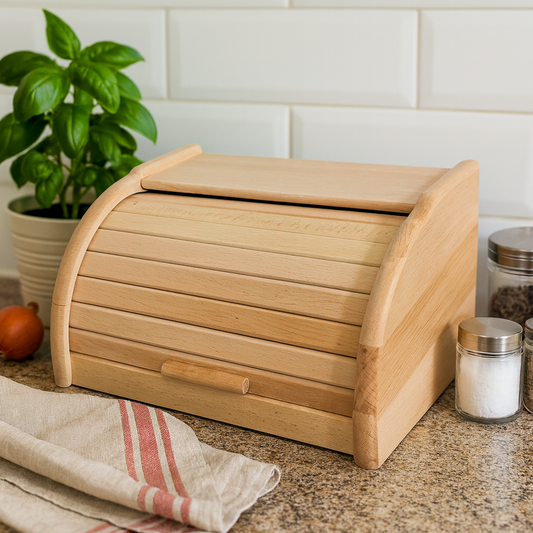 Drewniany chlebak olejowany – duży i elegancki pojemnik na pieczywo, stojący na kuchennym blacie obok przypraw i ziół w doniczce, w ciepłym świetle dziennym – Chłopcy z Rancza.