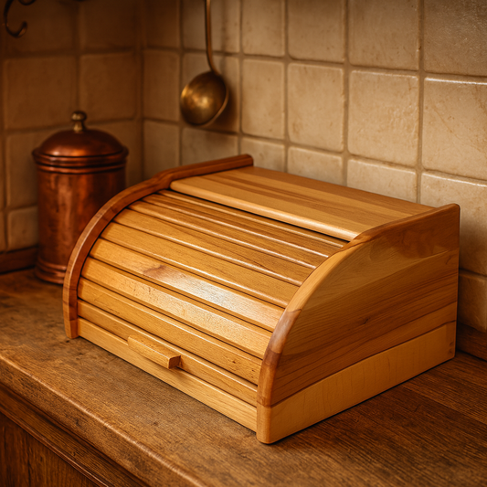 Drewniany chlebak z roletową pokrywą stojący na rustykalnym blacie kuchennym, w tle kafelki i miedziane naczynia – ciepła, przytulna aranżacja w stylu retro.