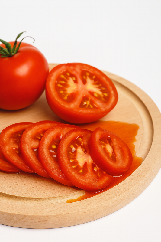 Okrągła drewniana deska do krojenia z rowkiem – na desce ułożone są świeże, soczyste plastry pomidora, a sok z krojonych pomidorów spływa delikatnie do rowka, podkreślając jej funkcjonalność i naturalne wykończenie.