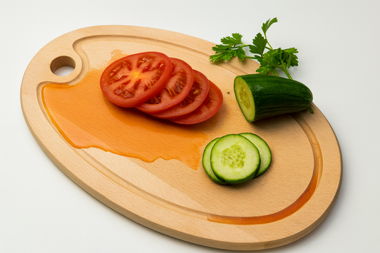 Drewniana deska do krojenia z rowkiem, na której leżą pokrojone pomidory i plasterki ogórka. Sok z warzyw naturalnie ścieka do rowka, podkreślając funkcjonalność deski kuchennej.