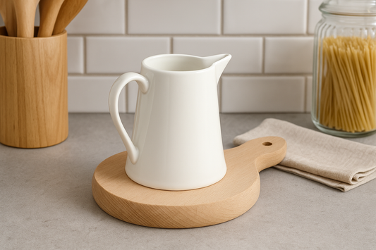 Drewniana okrągła deska do serwowania z jasnego buku z porcelanowym dzbankiem na mleko – naturalna aranżacja w kuchni na tle jasnych płytek i akcesoriów kuchennych.