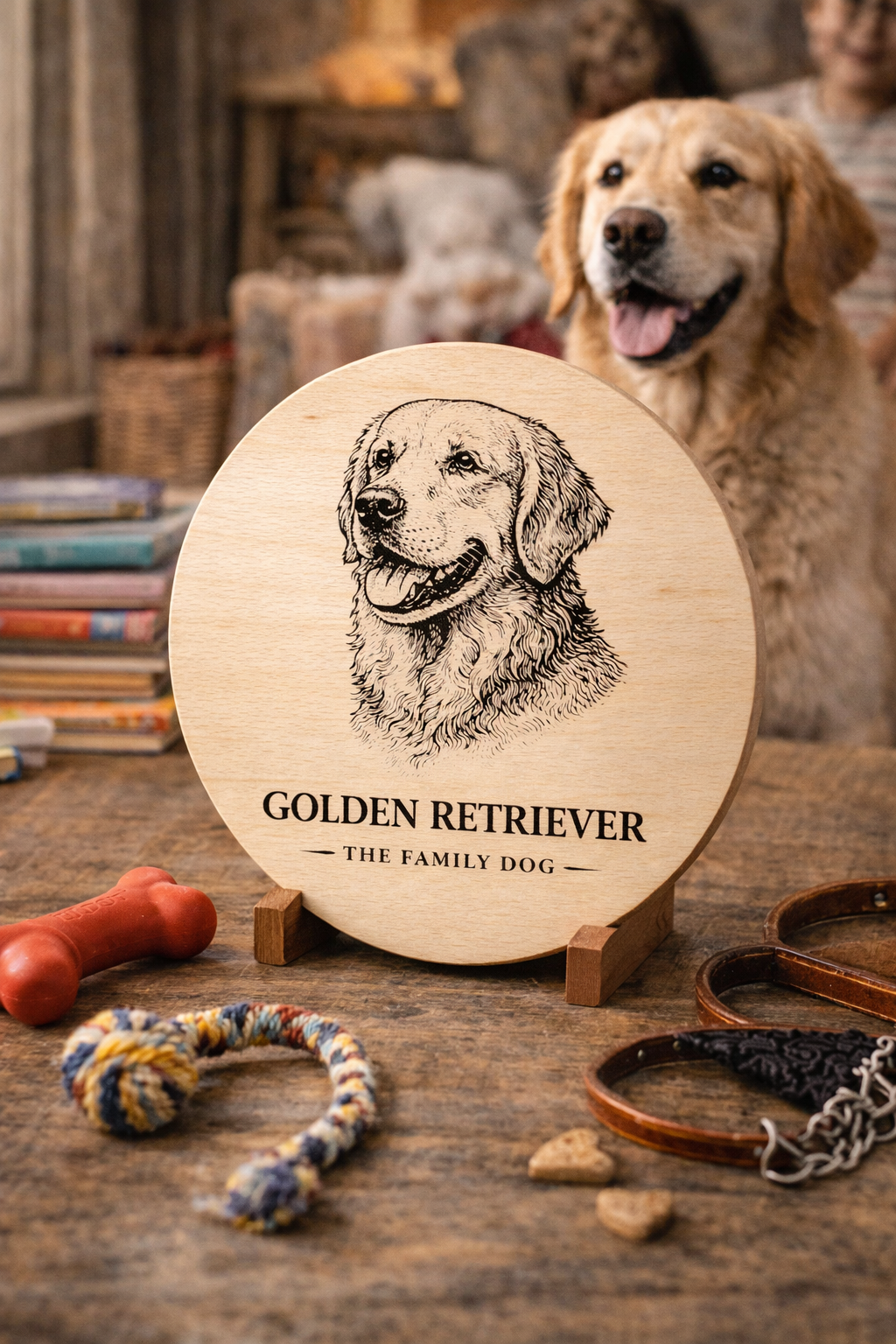 Drewniana deska z grawerem psa Golden Retriever – okrągła deska dekoracyjna dla miłośników tej rasy