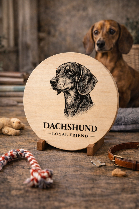 Drewniana deska z grawerem psa Jamnik – okrągła deska dekoracyjna dla miłośników psów
