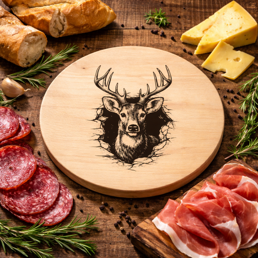 okrągła drewniana deska 20 cm z grawerem jelenia użyta do serwowania wędlin i sera