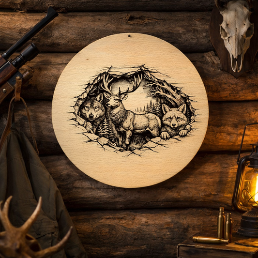 Drewniana okrągła deska z grawerem wilka, jelenia i lisa zawieszona na ścianie w rustykalnej myśliwskiej chacie – dekoracyjna deska z grawerem w stylu leśnym.