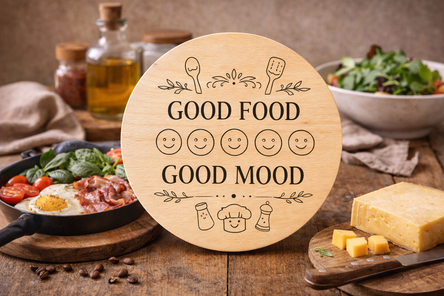 Beech board with engraving GOOD FOOD GOOD MOOD – round kitchen board 20 cm