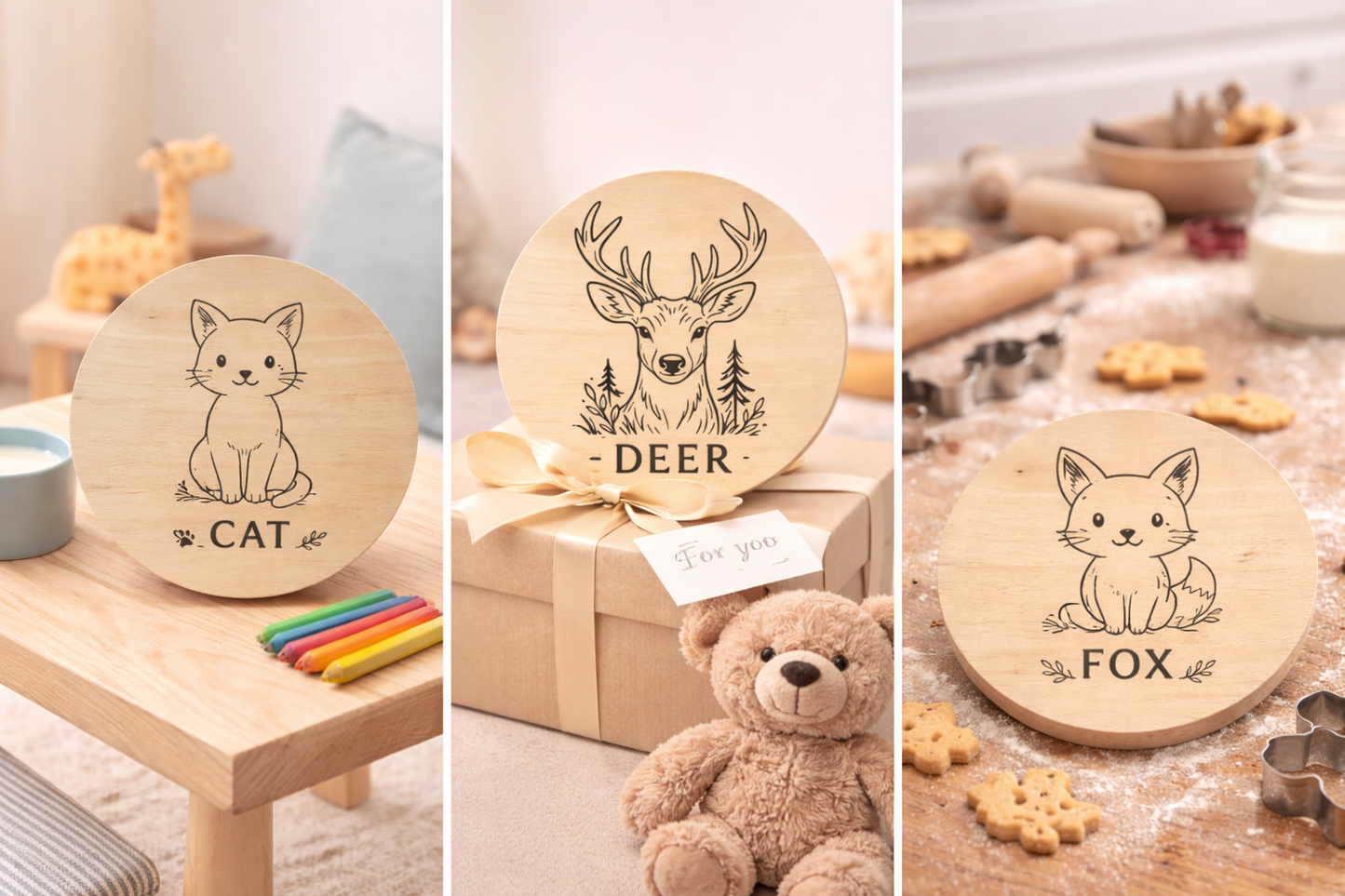Bukowa deska z grawerem kotka – deska drewniana dla dzieci 20 cm