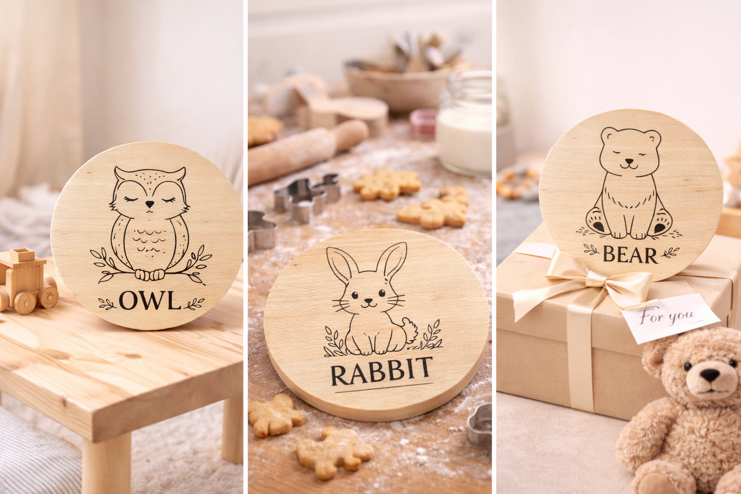 Bukowa deska z grawerem sowy – deska drewniana dla dzieci 20 cm