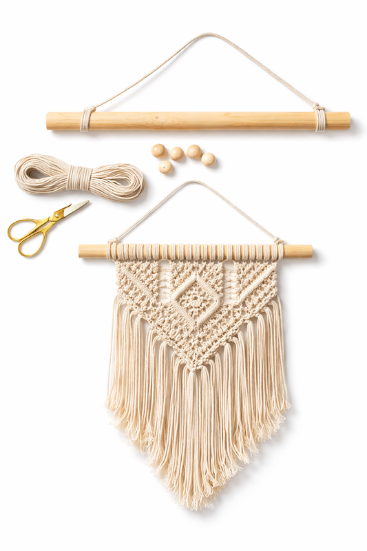 Drewniany kijek do makramy z przykładową dekoracją ścienną – naturalny kij do rękodzieła