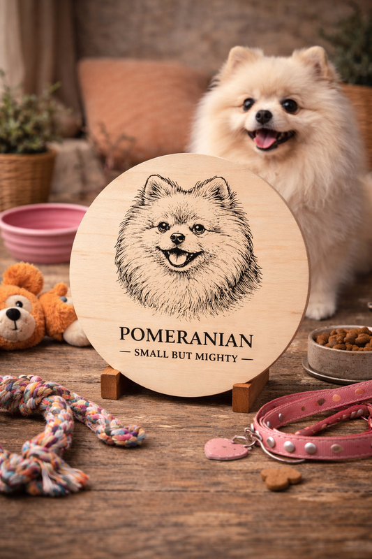 Drewniana deska z grawerem psa Pomeranian na rustykalnym stole z akcesoriami dla psa