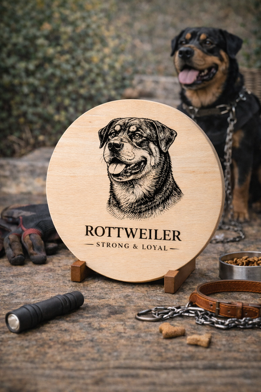 Drewniana deska z grawerem psa Rottweiler na rustykalnym stole z akcesoriami dla psa