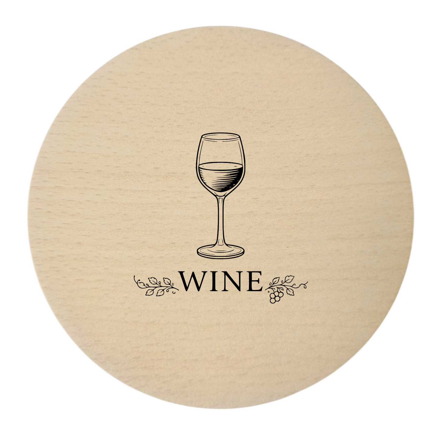 Gravierte Holzuntersetzer – 4er-Set, Wein-, Brot-, Käse- und Olivenmotiv, Buche, 10 cm