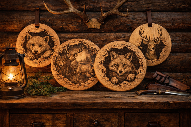 Drewniane deski bukowe z grawerem zwierząt – jeleń, wilk, lis i niedźwiedź w rustykalnym wnętrzu myśliwskim