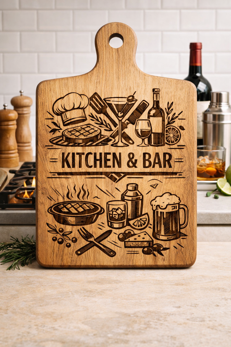 drewniana deska do krojenia z grawerem kitchen and bar w nowoczesnej kuchni