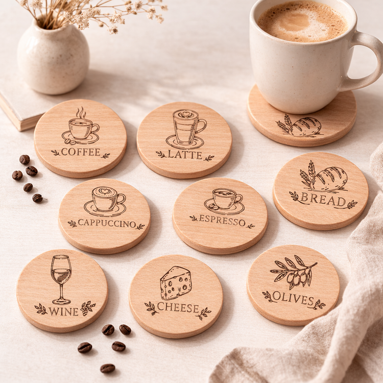 Drewniane podkładki pod kubek z grawerem i mini deseczki do serwowania z drewna bukowego