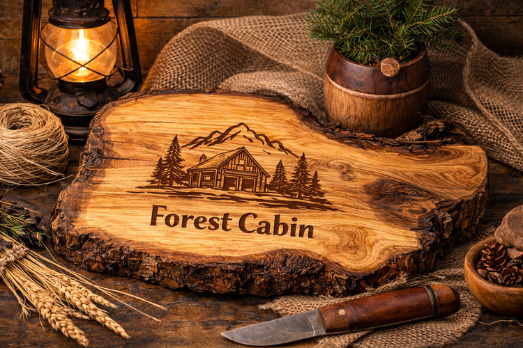 rustykalna drewniana deska z grawerem Forest Cabin w stylu leśnej chaty