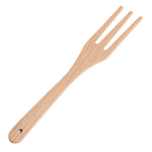 Drewniany widelec kuchenny 3-zębny, 28 cm – ekologiczny, wykonany z naturalnego drewna bukowego, idealny do codziennego gotowania i serwowania potraw.