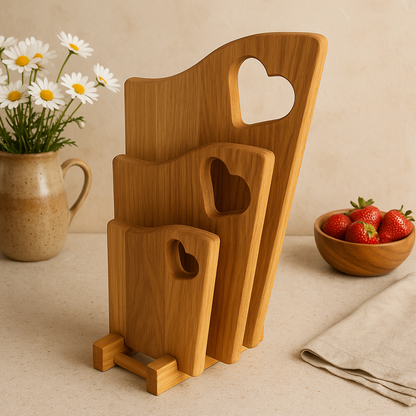 Komplet 3 dębowych desek kuchennych z serduszkowymi otworami, ustawionych na eleganckiej, drewnianej podstawce – naturalny, olejowany dąb w ciepłym odcieniu, idealny do serwowania i krojenia w nowoczesnej kuchni.