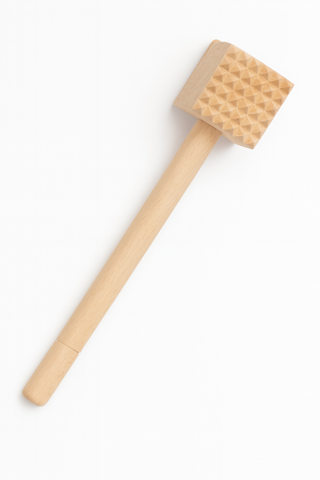 Drewniany tłuczek kuchenny do mięsa z długą rączką i kwadratową główką z wypustkami – naturalne drewno bukowe, idealny do codziennego użytku w kuchni.