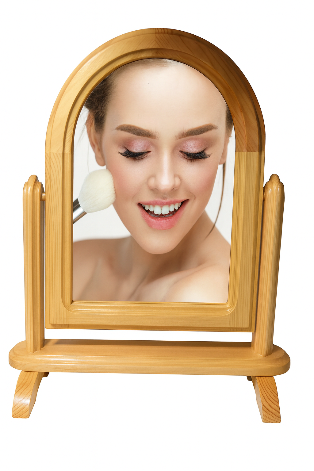 Stylowa drewniana toaletka kosmetyczna z regulowanym lustrem – elegancki design z naturalnego drewna, idealna do codziennego makijażu i pielęgnacji, o ciepłym odcieniu i gładkim wykończeniu.