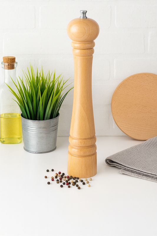 Drewniany młynek do pieprzu w kolorze naturalnego buku, ustawiony na białym blacie kuchennym. Obok znajduje się metalowa doniczka z zieloną trawą, butelka z oliwą, okrągła deska bukowa i szara ściereczka. Na blacie rozsypane są kolorowe ziarenka pieprzu. Jasne, naturalne oświetlenie i minimalistyczne tło w stylu rustykalnym.
