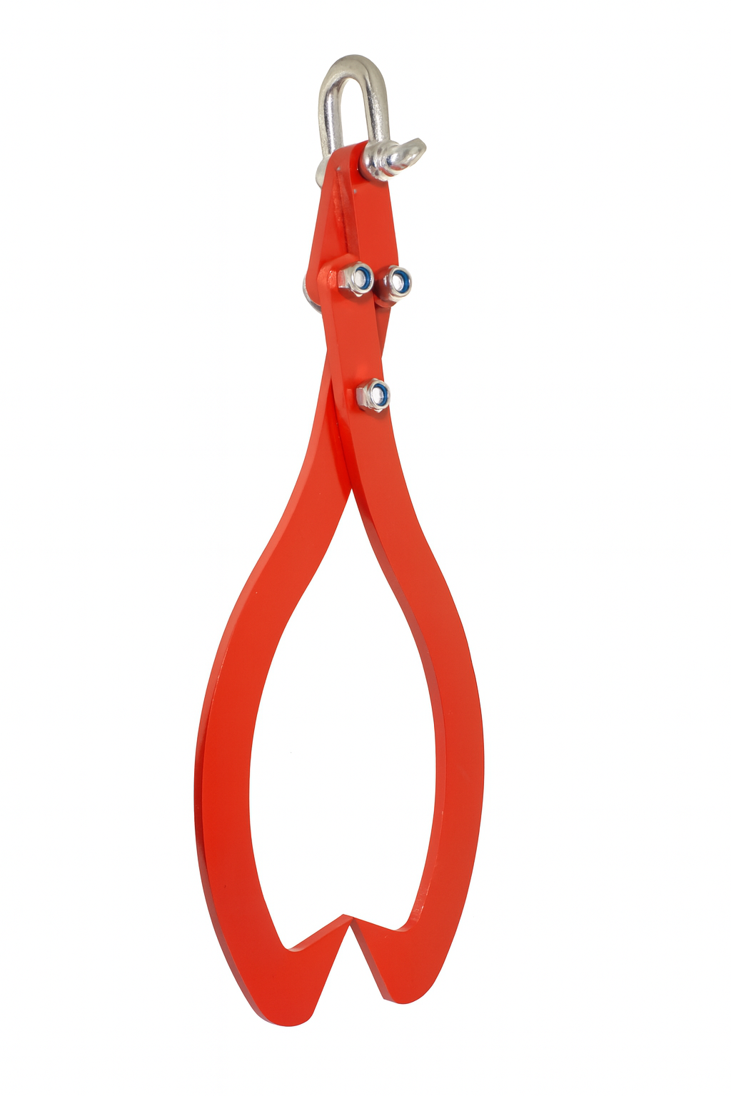 Kleszcze samozaciskowe do drewna HDS w kolorze czerwonym – solidne stalowe narzędzie do przenoszenia i załadunku bali, zawieszone pionowo na czystym białym tle, prezentujące wytrzymałą konstrukcję i precyzyjne wykonanie.