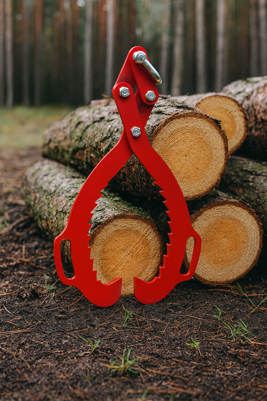 Czerwone kleszcze do drewna oparte o stos świeżo ściętych bali w lesie. Solidna stalowa konstrukcja z zębami chwytającymi i uchwytami bocznymi, stojąca na ziemi pokrytej igliwiem i mchem.