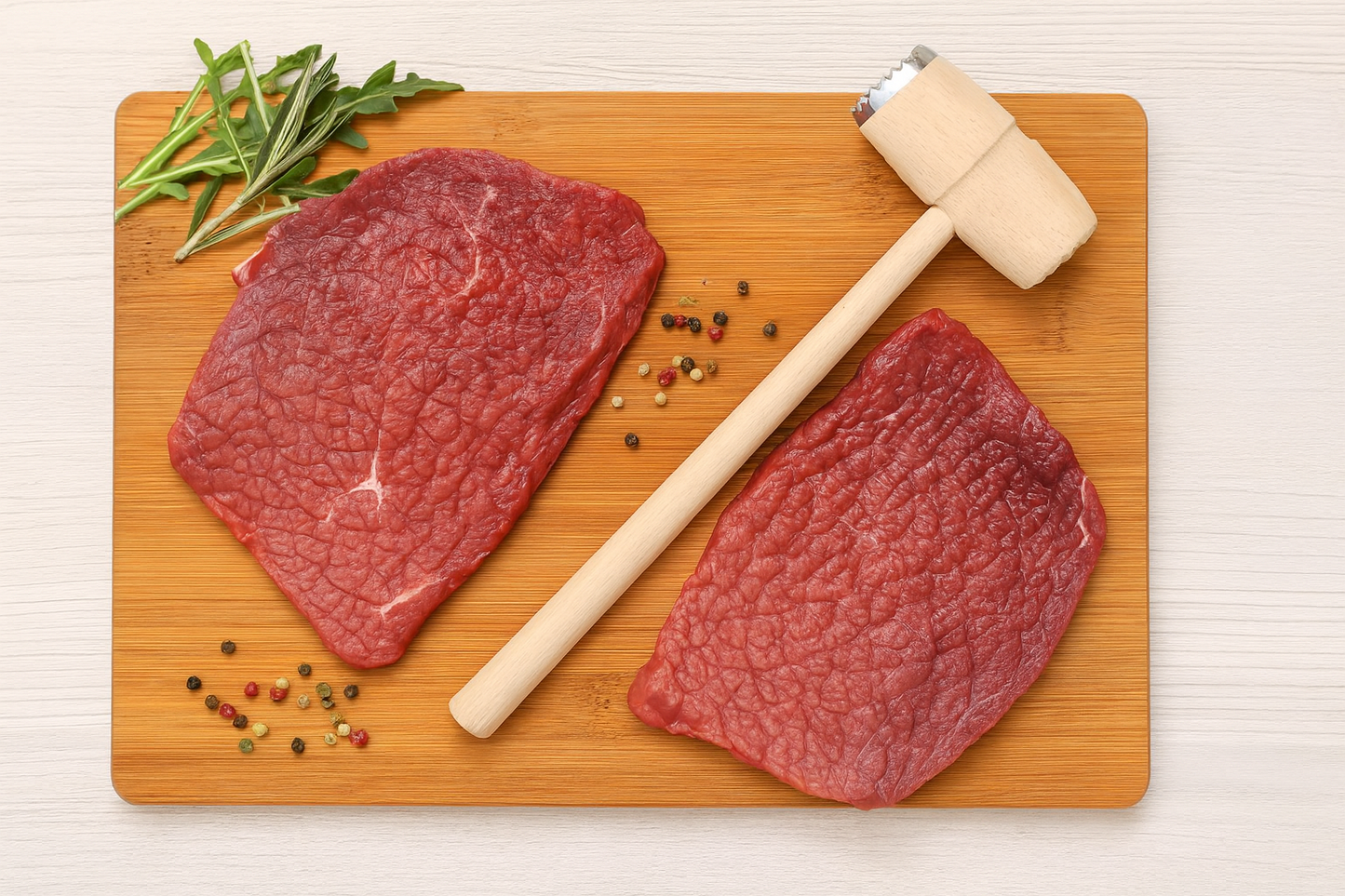 Drewniany tłuczek do mięsa z metalową stroną do rozbijania, leżący obok dwóch kawałków rozbitego mięsa wołowego na bambusowej desce do krojenia. Obok dekoracyjne liście rukoli, gałązka rozmarynu i kolorowy pieprz. Naturalne oświetlenie, jasne tło – scena idealna do prezentacji produktu w sklepie internetowym.