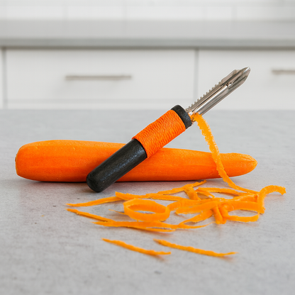 Nowoczesna kuchnia, na blacie leży marchewka obierana metalową obieraczką z czarno-pomarańczową rączką; obok widoczne cienkie paski i obierki marchewki,