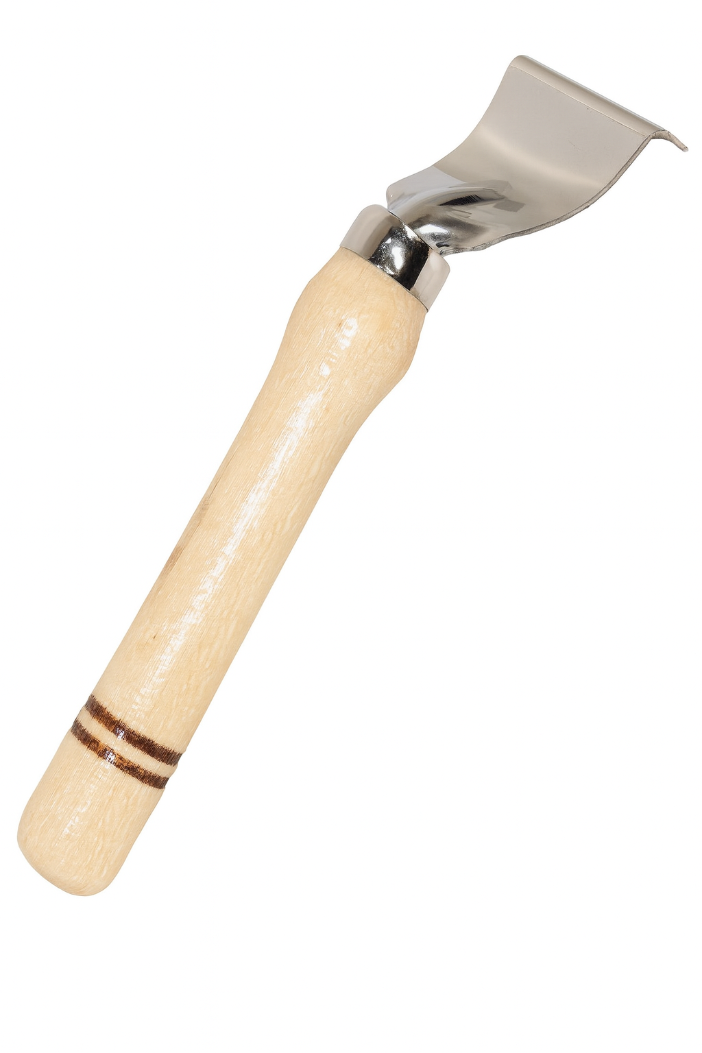 Skrobak kuchenny do czyszczenia i łuskowania ryb wykonany z drewna bukowego i stali nierdzewnej, ergonomiczny uchwyt i precyzyjna końcówka ze stali na białym tle.