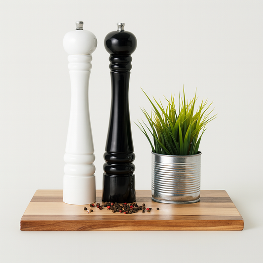 Elegancki zestaw młynków do soli i pieprzu w kolorze czarnym i białym, ustawionych na drewnianej desce z naturalnym usłojeniem. Obok znajduje się metalowa doniczka z zieloną trawą, a na desce rozsypane są kolorowe ziarenka pieprzu – minimalistyczna i nowoczesna kompozycja do kuchni.