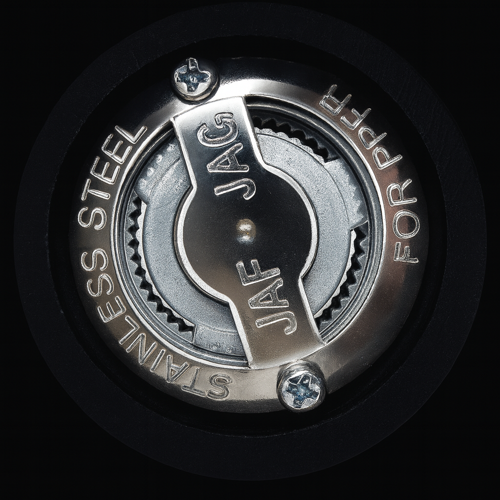 Stalowy mechanizm mielenia z napisem „STAINLESS STEEL FOR PEPPER” zamontowany w eleganckim czarnym młynku do pieprzu – widok od spodu, wyraźne detale i połysk stali nierdzewnej.