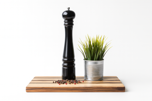 Elegancki czarny młynek do pieprzu i soli na drewnianej desce z paskami, obok metalowej doniczki z zieloną trawą – nowoczesna aranżacja kuchenna na białym tle.