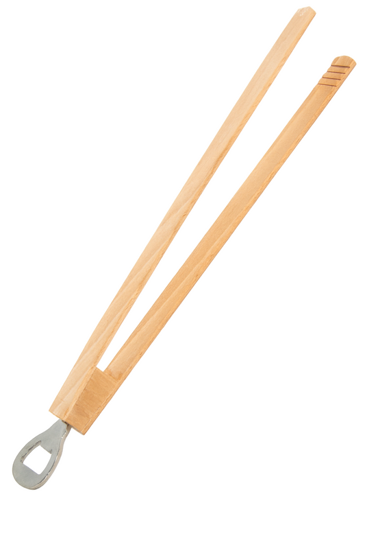 Wielofunkcyjne szczypce grillowe z otwieraczem do butelek 32 cm – drewniane, z metalowym elementem na końcu, idealne do grilla i kuchni,