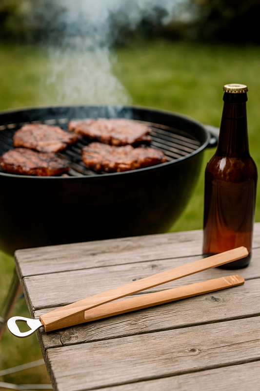 Drewniane szczypce grillowe z otwieraczem do butelek leżą na stole obok butelki piwa, w tle grill z karkówką – rustykalna, letnia sceneria grillowa.