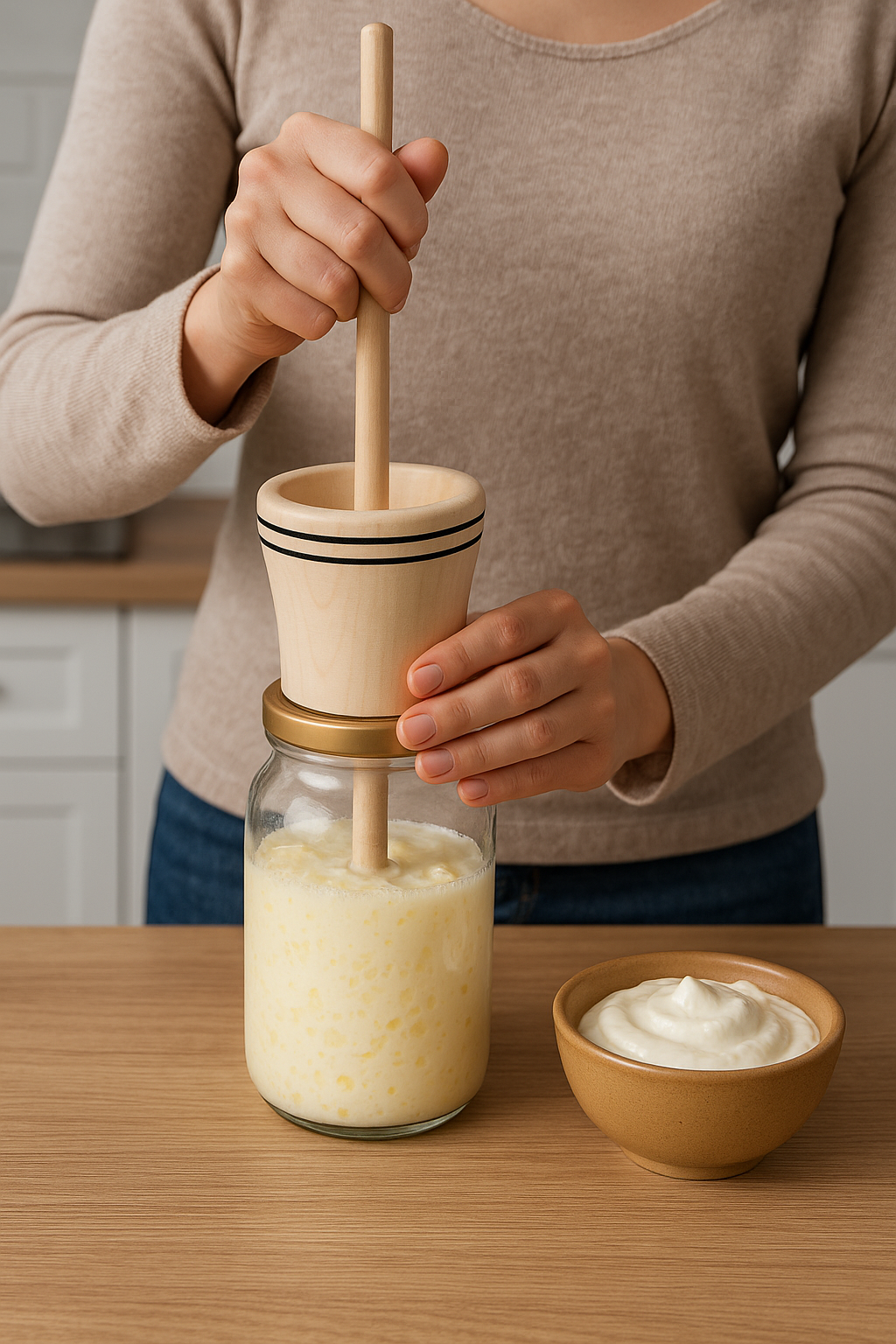 Kobieta w kuchni przygotowuje domowe masło za pomocą drewnianej maselnicy umieszczonej w szklanym słoiku. W słoiku widoczna jest maślanka z kawałkami świeżego masła, a obok stoi miseczka z gęstą śmietaną.