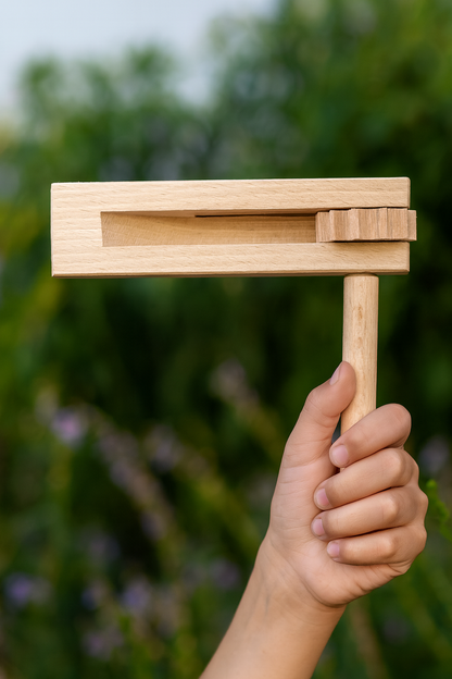 Drewniana kołatka w dłoni dziecka w ogrodzie – naturalna zabawka z jasnego drewna bukowego, trzymana pionowo na tle zielonej roślinności, w ciepłym świetle dziennym.