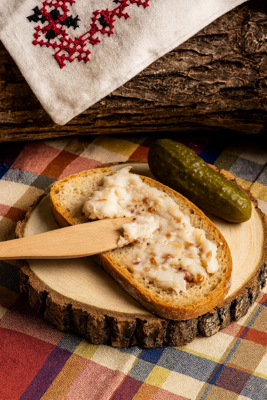 Drewniany nóż do smarowania chleba leżący na kromce ze smalcem ze skwarkami, obok ogórek kiszony na drewnianym talerzu. Scena w rustykalnym, góralskim stylu – tło z lnianą serwetą i drewnianym pieńkiem.