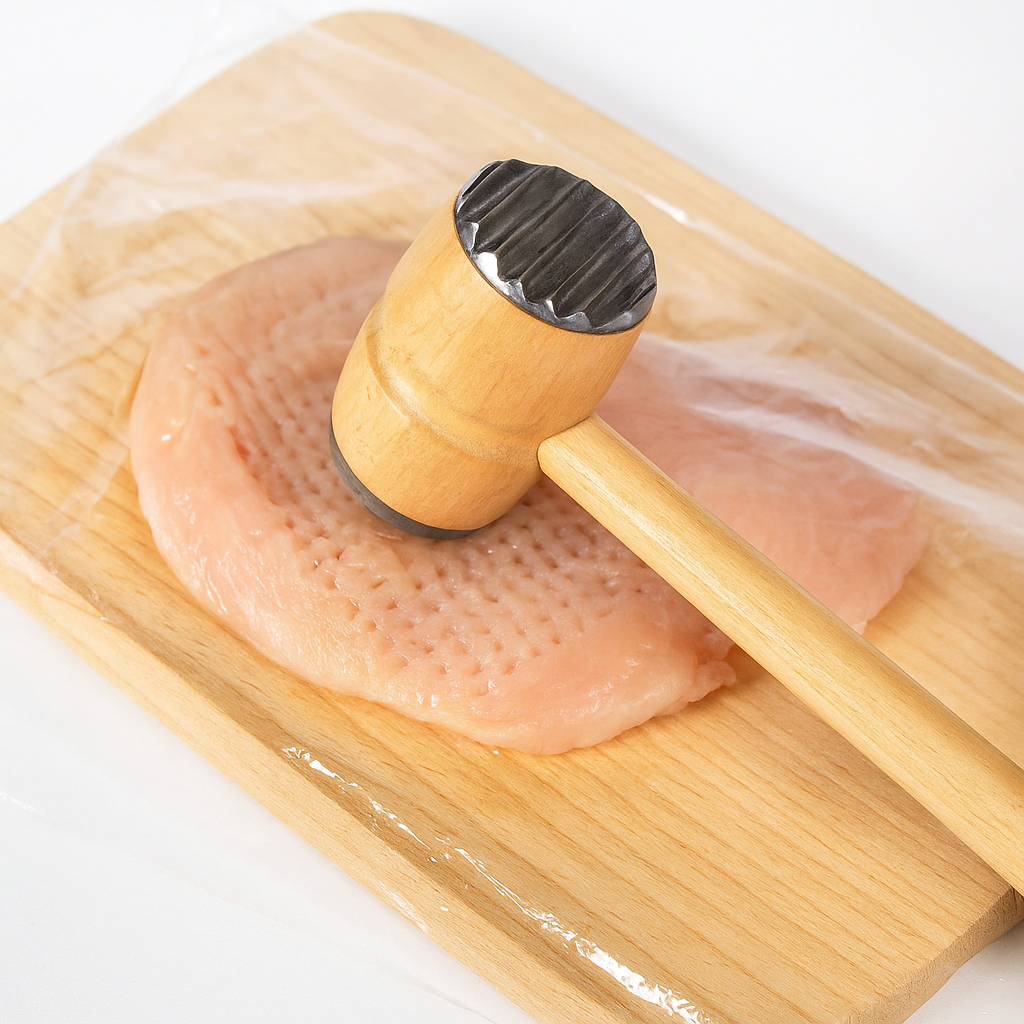 Drewniany tłuczek do mięsa z metalową karbowaną końcówką rozbija pierś z kurczaka na drewnianej desce przykrytej folią spożywczą – realistyczna scena kuchennego przygotowania mięsa.