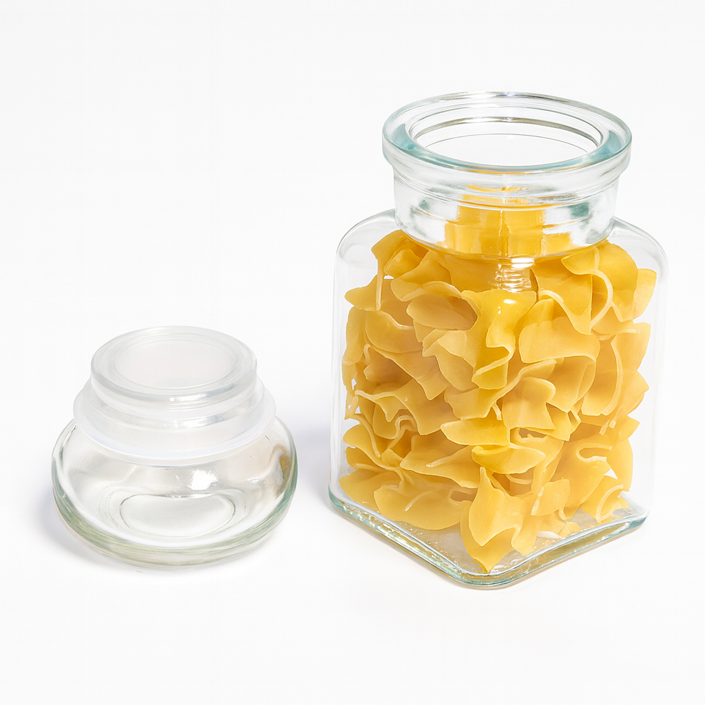 Elegancki szklany słoik na przyprawy o pojemności 150 ml z dopasowaną pokrywką – idealny do przechowywania ziół, przypraw i drobnych produktów kuchennych.