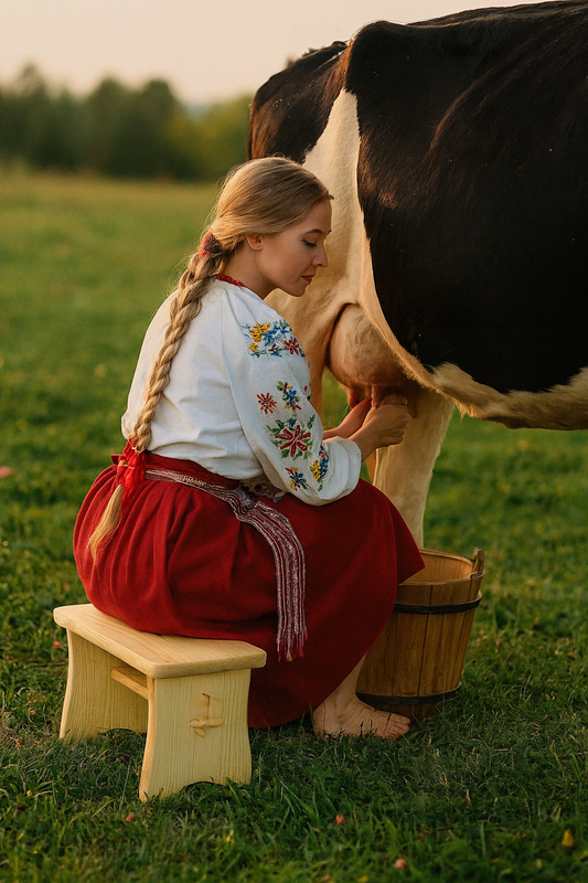 Słowianka w tradycyjnym stroju ludowym siedzi na drewnianej ryczce i doi krowę na zielonym pastwisku w ciepłym, wieczornym świetle. Drewniany taboret naturalnego koloru stanowi stabilne siedzisko,
