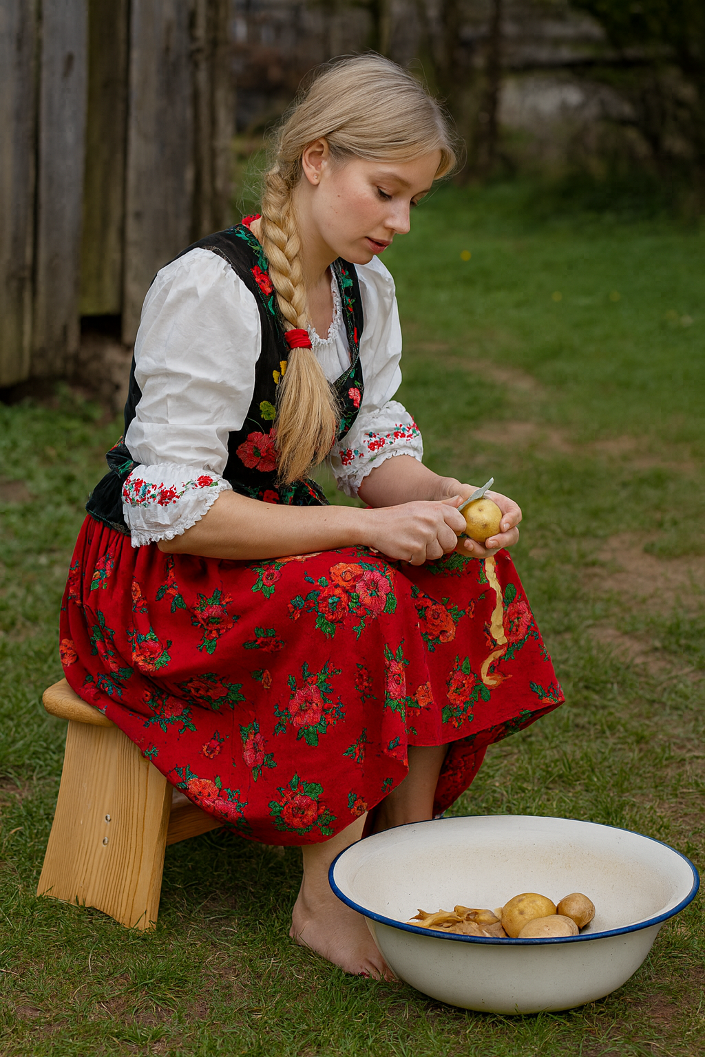 Słowianka w ludowym stroju siedzi na drewnianej ryczce na wiejskim podwórku i obiera ziemniaki. Obok stoi emaliowana misa z ziemniakami, a w tle widać trawę i starą drewnianą stodołę.