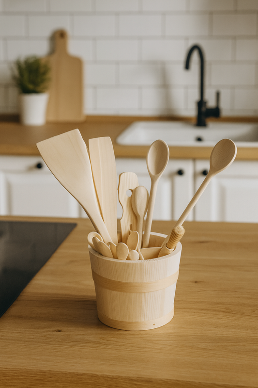 „Drewniany organizer kuchenny w kształcie wiaderka z kompletem naturalnych przyborów kuchennych stoi na drewnianym blacie w jasnej, rustykalnej kuchni z białymi kafelkami i czarnym kranem w tle.